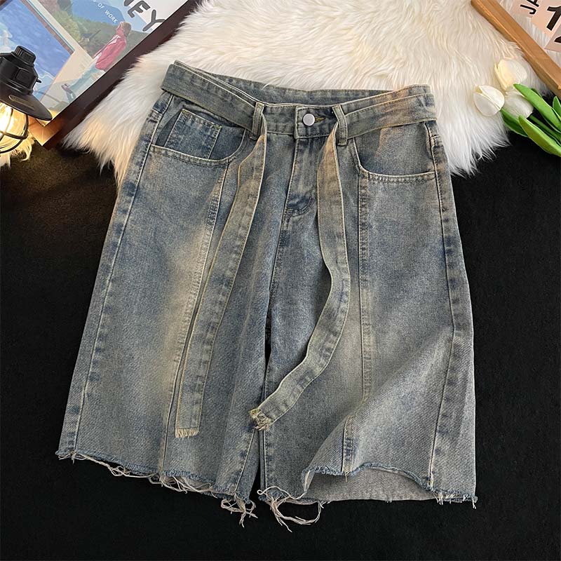 Men'S Fashion Trousers - 夏薄いフリンジデニムショーツ日本のハイストリートカジュアルルーズ膝丈パンツファッション多用途ブルーハンサムなズボン
