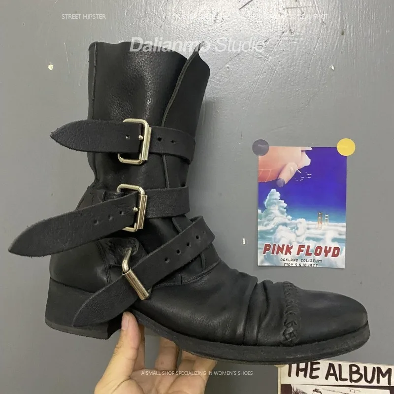 Men Fashion Vintage - ファッションメンズ本革バイクブーツバックルストラップミッドカーフヴィンテージチャンキーヒール女性用しわ加工ウエスタンカウボーイブーツ