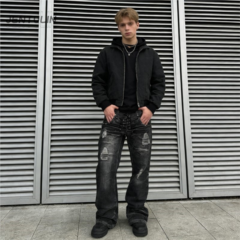 Men'S Fashion Jeans And Boots - Y2Kレトロジーンズ ダメージ加工 ウォッシュドホール ゴシックスタイルジーンズ レディース ハイウエスト
