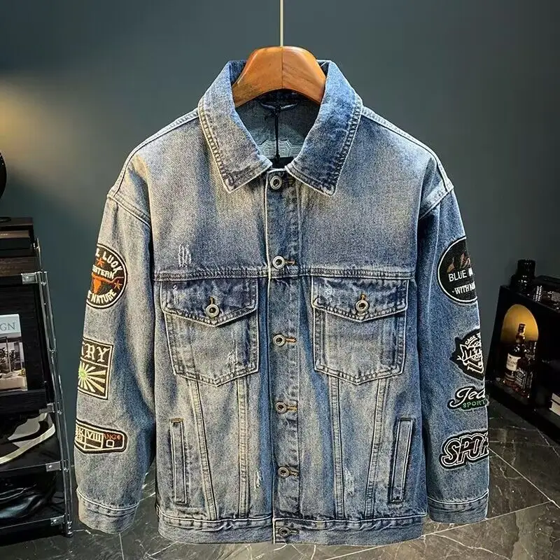 Mens Fashion Denim Jacket - 男性ハイストリート刺繍パッチデニムジャケット特大春秋カジュアルジャケットコートファッションレトロスタイル作業着トップ