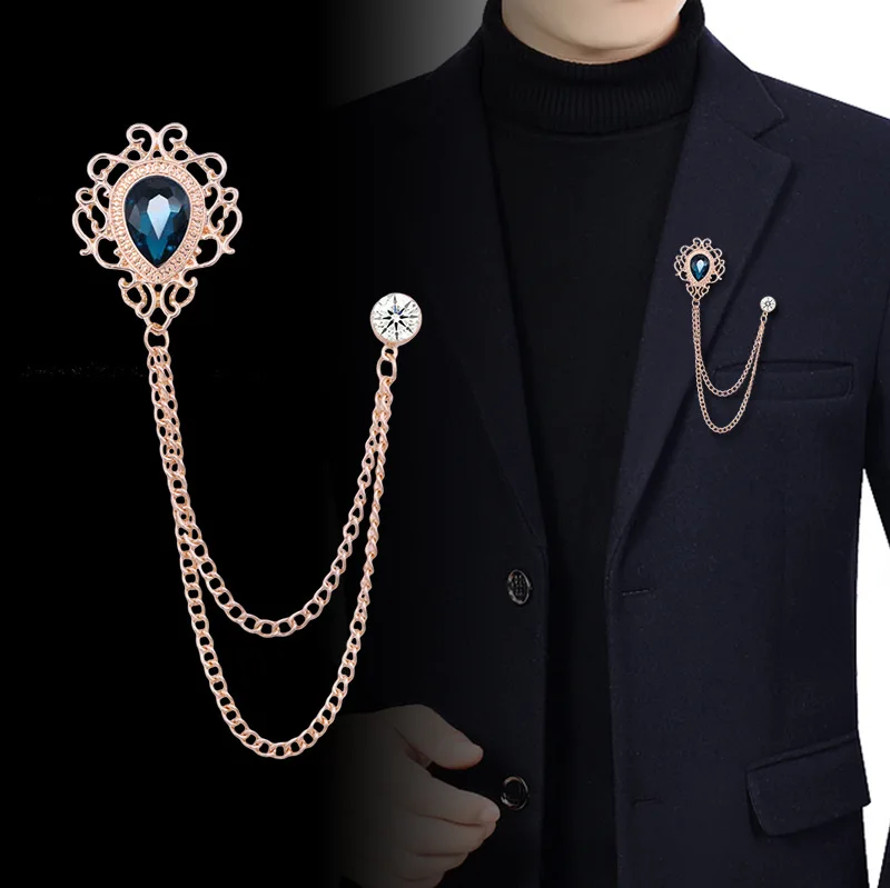 Men Fashion Vintage - 新しいヴィンテージタッセルチェーンラインストーンクリスタルラペルピン - ユニセックス男性女性スーツシャツ襟ネクタイアクセサリーファッションジュエリー