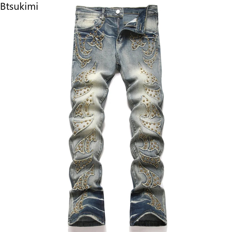 Men'S Fashion Jeans And Boots - 2026年新作メンズファッションスリムブーツカットデニムジーンズメンズパンクリベットパッチストレッチパンツブルーハイストリートフレアパンツストリートウェア