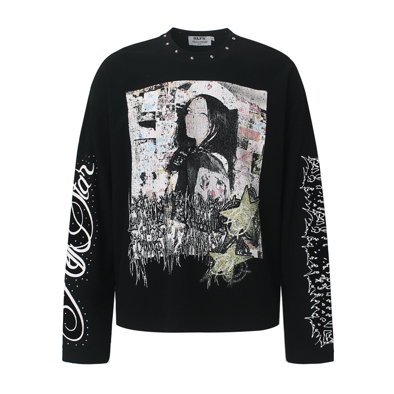 Men Fashion Vintage - メンズハイストリートグラフィティTシャツ、リベット付き、ファッショナブルなストリートウェア、プリント入り長袖Tシャツ、ヴィンテージレトロルーズフィット、ヒップホップトップス