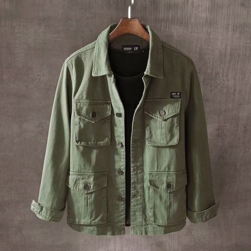 Mens Fashion Denim Jacket - 春と秋の新メンズファッションカジュアルルーズジャケットソリッドポケットワークウェアデニムジャケット