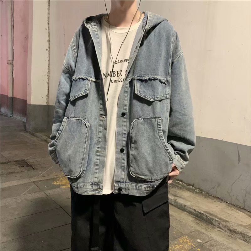 Mens Fashion Denim Jacket - 男性固体服春秋の新韓国ファッション多用途大ポケットフード付きデニムジャケットカジュアルルーズ黒作業着コート