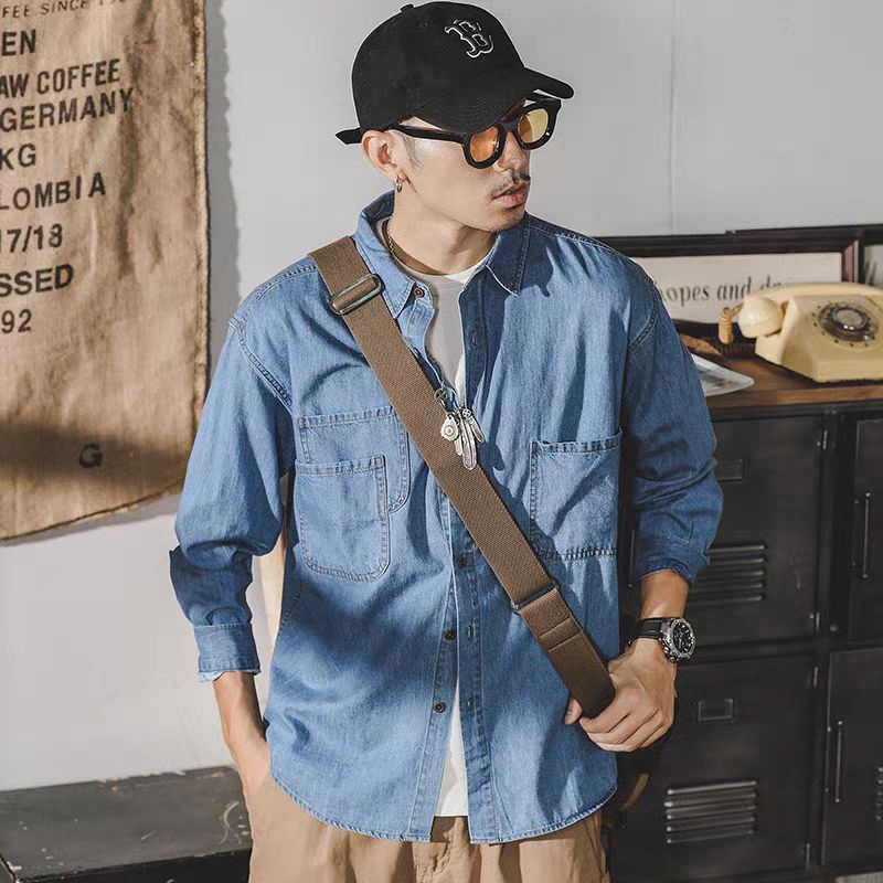 Mens Fashion Denim Jacket - メンズアメリカンレトロデニムジャケット長袖ルーズフィットカジュアルシャツ春秋ファッショントレンド