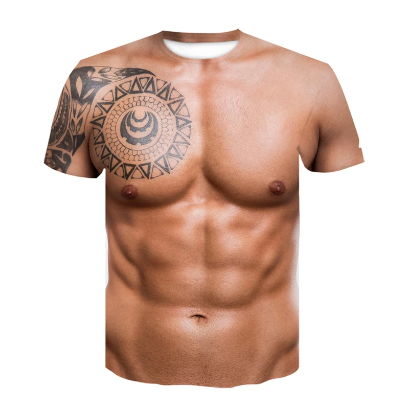 Muscle Tee Workout - メンズ合成人体パターンTシャツ、偽筋肉3Dプリント半袖カジュアルクルーネックストリートウェアメンズ服