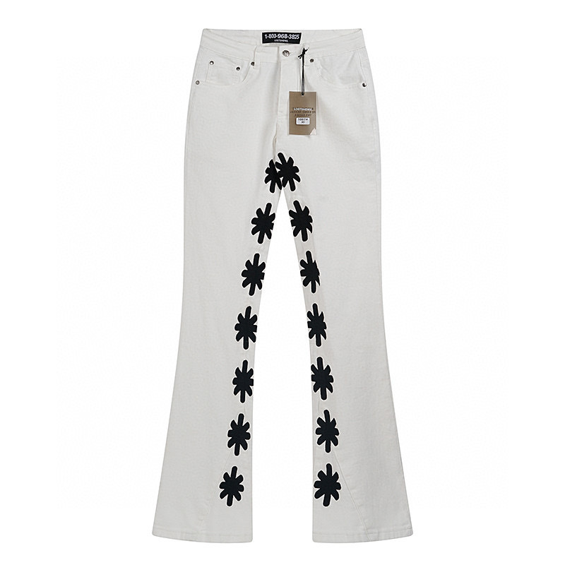 Men'S Fashion Jeans And Boots - 25fw 男性女性ユニセックスファッションジーンズ LOSTSHDWS ジーンズマイクロフレアジーンズ刺繍ひまわりデニムパンツタグ付き