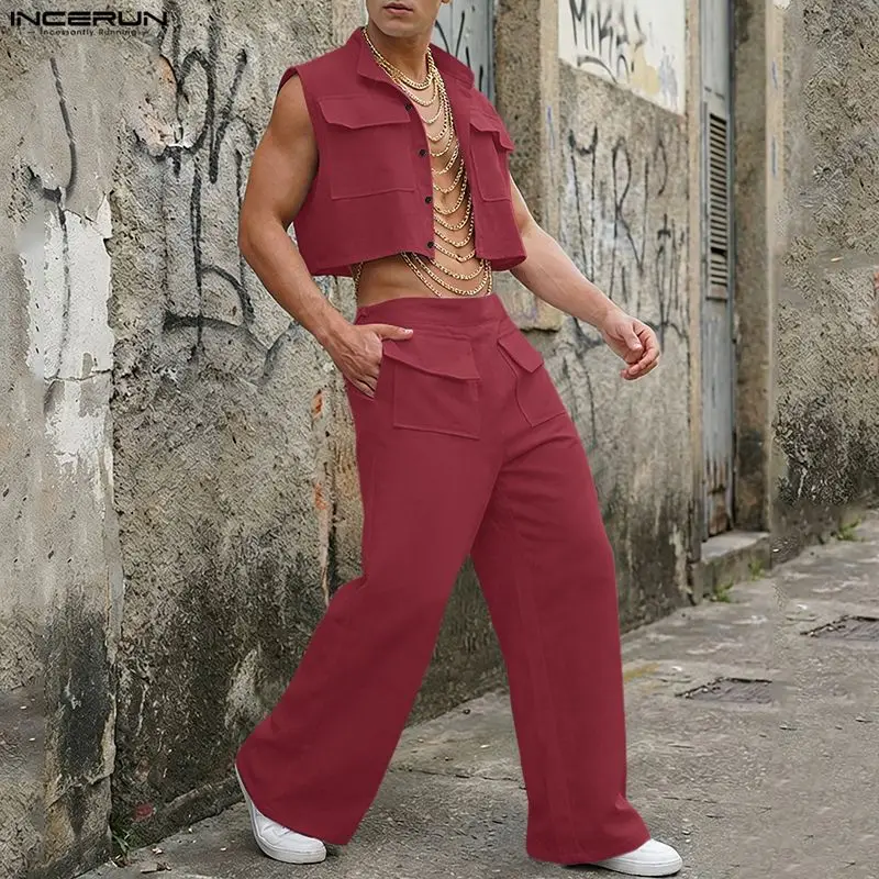 Men'S Fashion Designer - INCERUN 男性セット固体ノースリーブクロップトップスシャツパンツ 2 ピースセットストリートルーズ 2026 ファッションメンズマッチングセットトラックスーツ