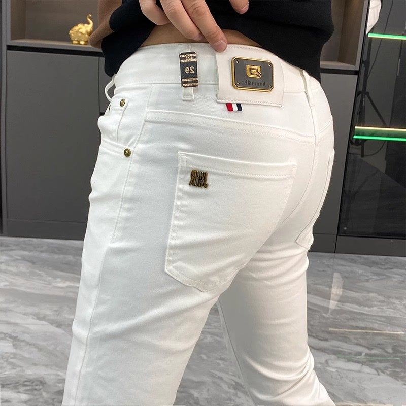 Men'S Fashion Jeans And Boots - ホワイトジーンズメンズヨーロッパ商品 2025 夏の新ファッションオートバイブーツシンプルなスリムフィット弾性多用途小足ズボン