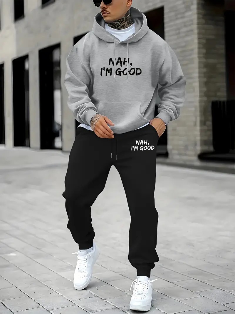 Men'S Fashion And Style - 2026秋冬新作 ストリートカジュアルファッション 快適なソフト素材 3Dレターパターンプリント メンズフード付きスウェットセット