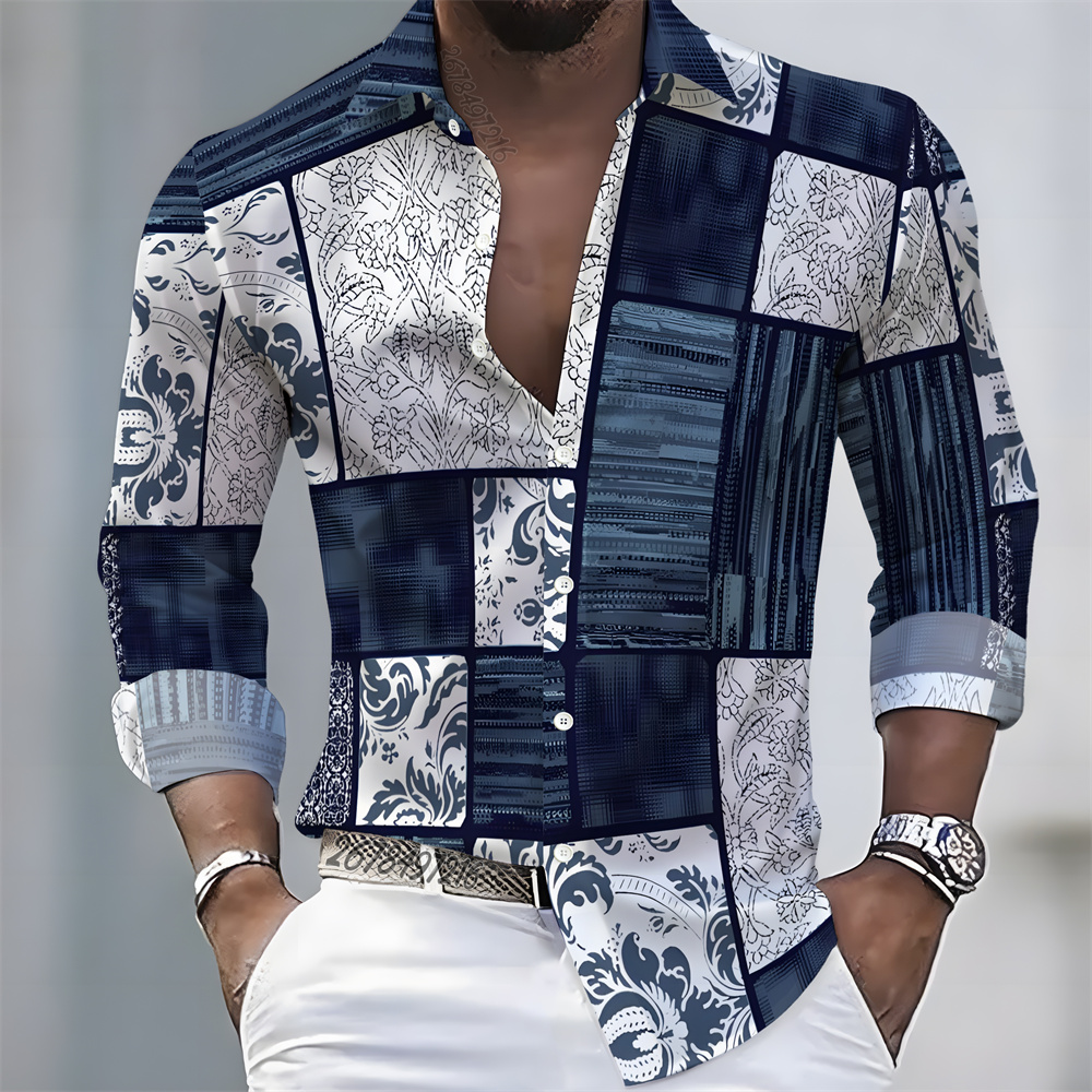 Men'S Fashion Designer - メンズライトラグジュアリースタイルカラーブロックプリント長袖シャツ、ビジネスカジュアル万能ラペルルーズフィットファッションシャツ