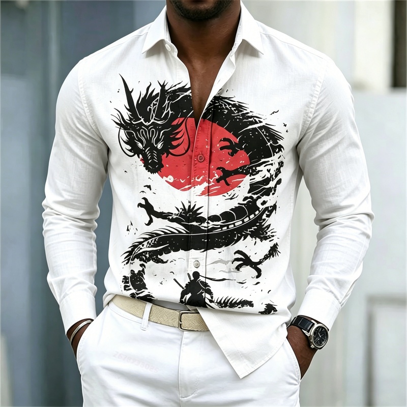 Men'S Fashion And Style - 2026年新作 メンズシャツ 白黒赤のコントラスト ドラゴン柄シャツ ストリートスタイル ファッション