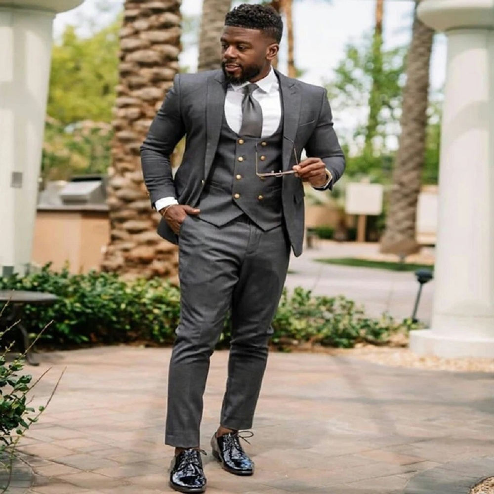 Mens Fashion Dark Grey Pants - ダークグレー メンズ ウェディングスーツ スリムフィット タキシード 3ピース