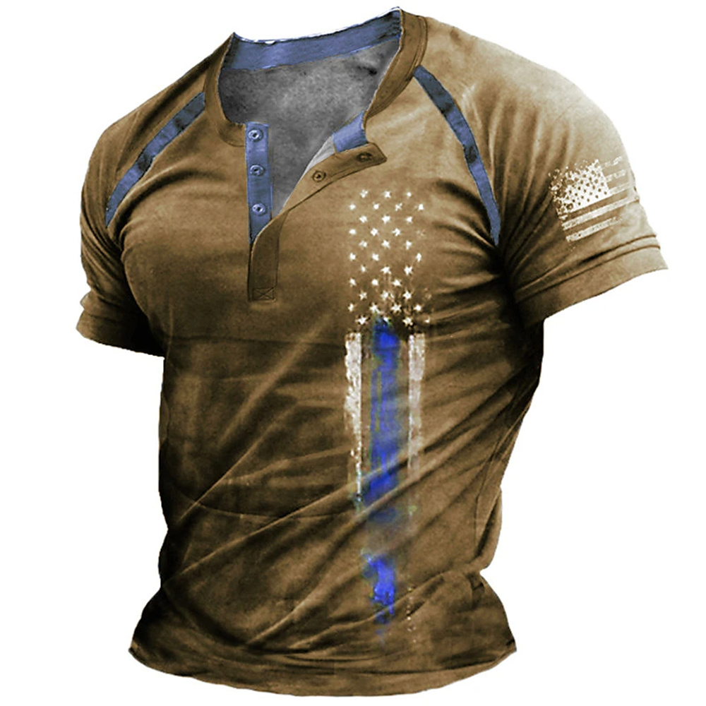 Men Fashion Vintage - 面白い 3D アメリカ国旗プリントメンズヘンリーシャツファッションヘンリーカラー半袖トップス夏ストリートヴィンテージ服カジュアル Tシャツ