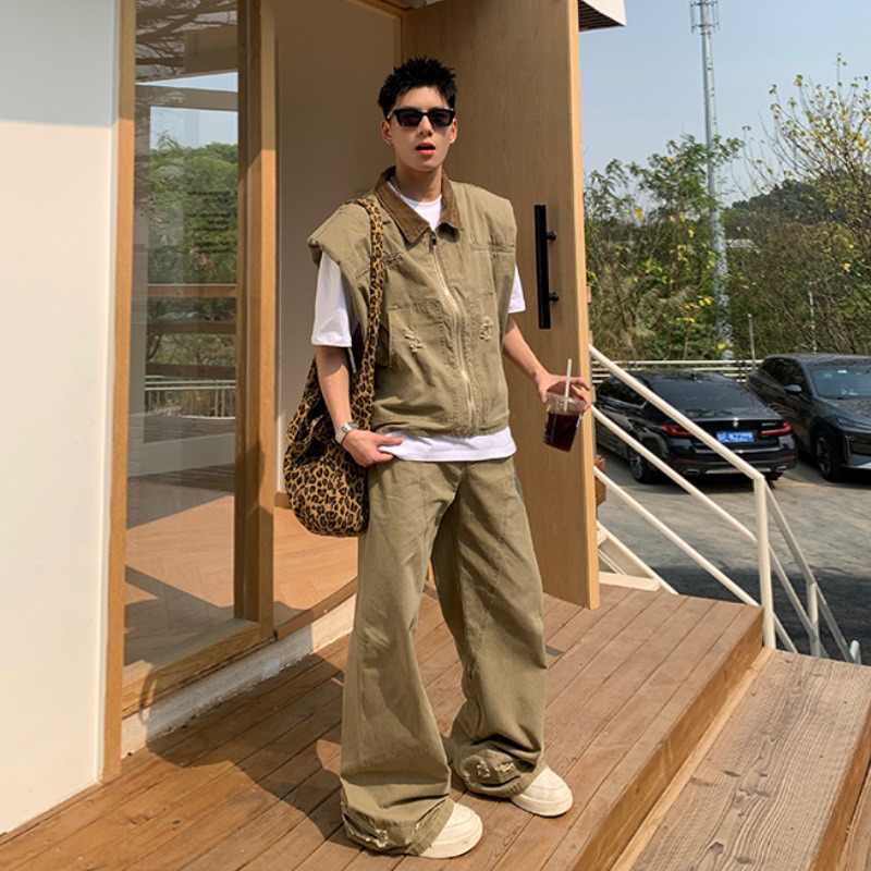 Men'S Fashion Designer - アメリカのファッションブランドレトロデニムジャケットメンズ夏の新しいシルエットデザインショルダーベストルーズパンツセットファッショナブルでカジュアル