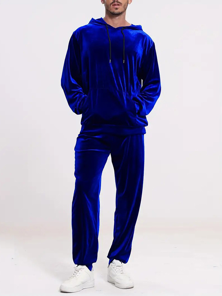 Men Fashion Vintage - ファッション無地ベルベットツーピースセット メンズ秋冬カジュアル長袖フーディー＆パンツセットアップ メンズ服 ヴィンテージスーツ