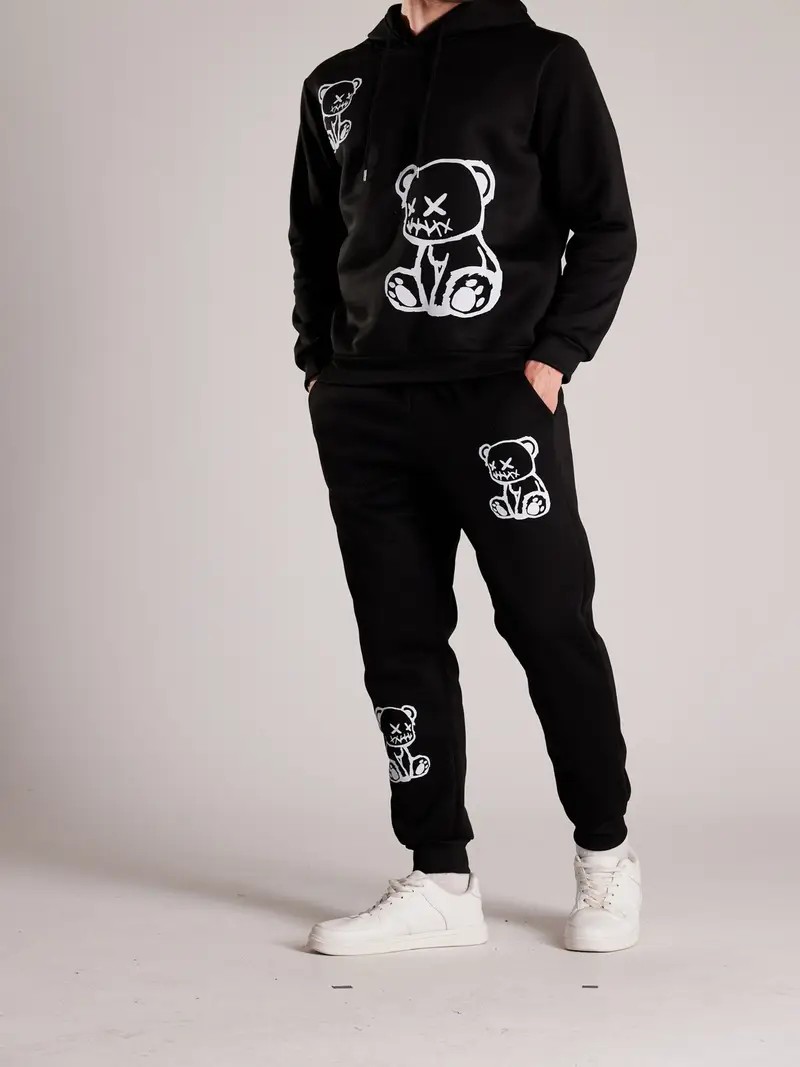 Men'S Fashion And Style - 2026秋冬新作 ストリートカジュアルファッション 快適なソフト3Dベア柄プリント メンズフード付きスウェットセット