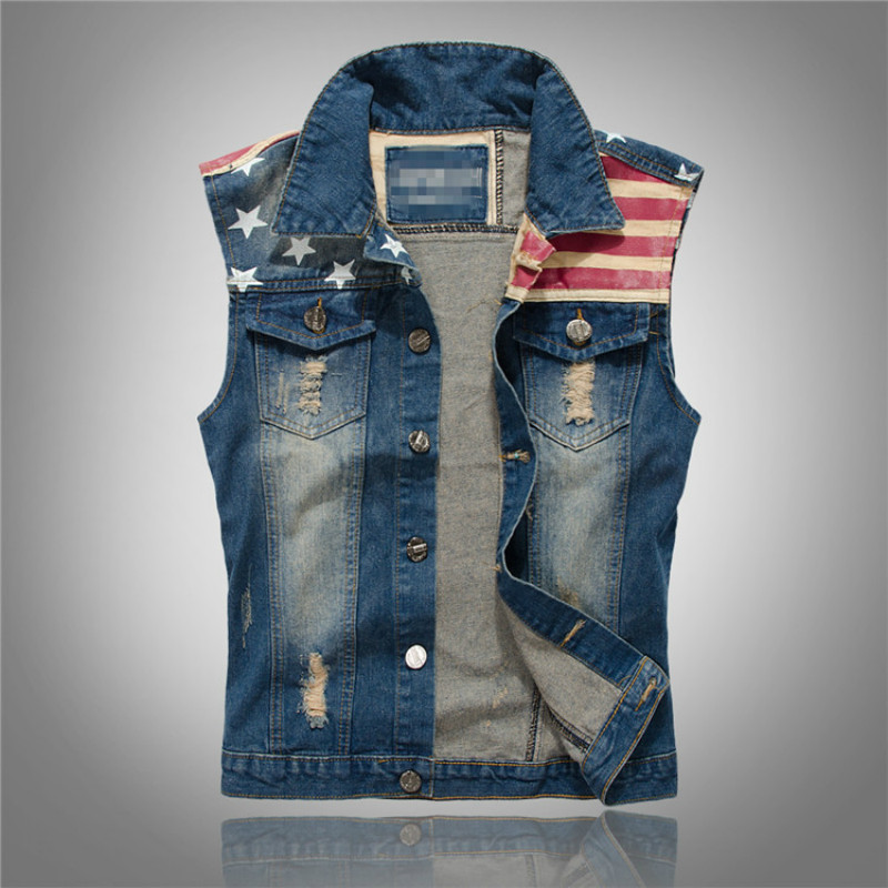 Mens Fashion Denim Jacket - ストリートウェアファッションスターズ＆ストライププリントパッチデザインデニムベストメンズアメリカンヴィンテージフラッグホールリップドスリーブレスジャケットメンズ