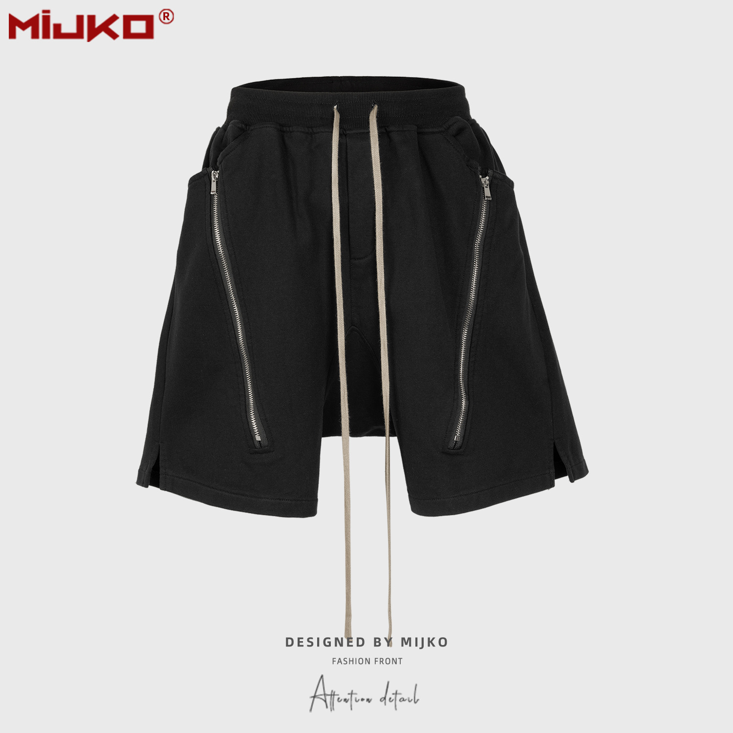 Mens Fashion Dark Grey Pants - MIJKO ブラックダークグレーショーツ男性ヒップホップショーツダブルジッパーストリートファッションショートパンツ 8327