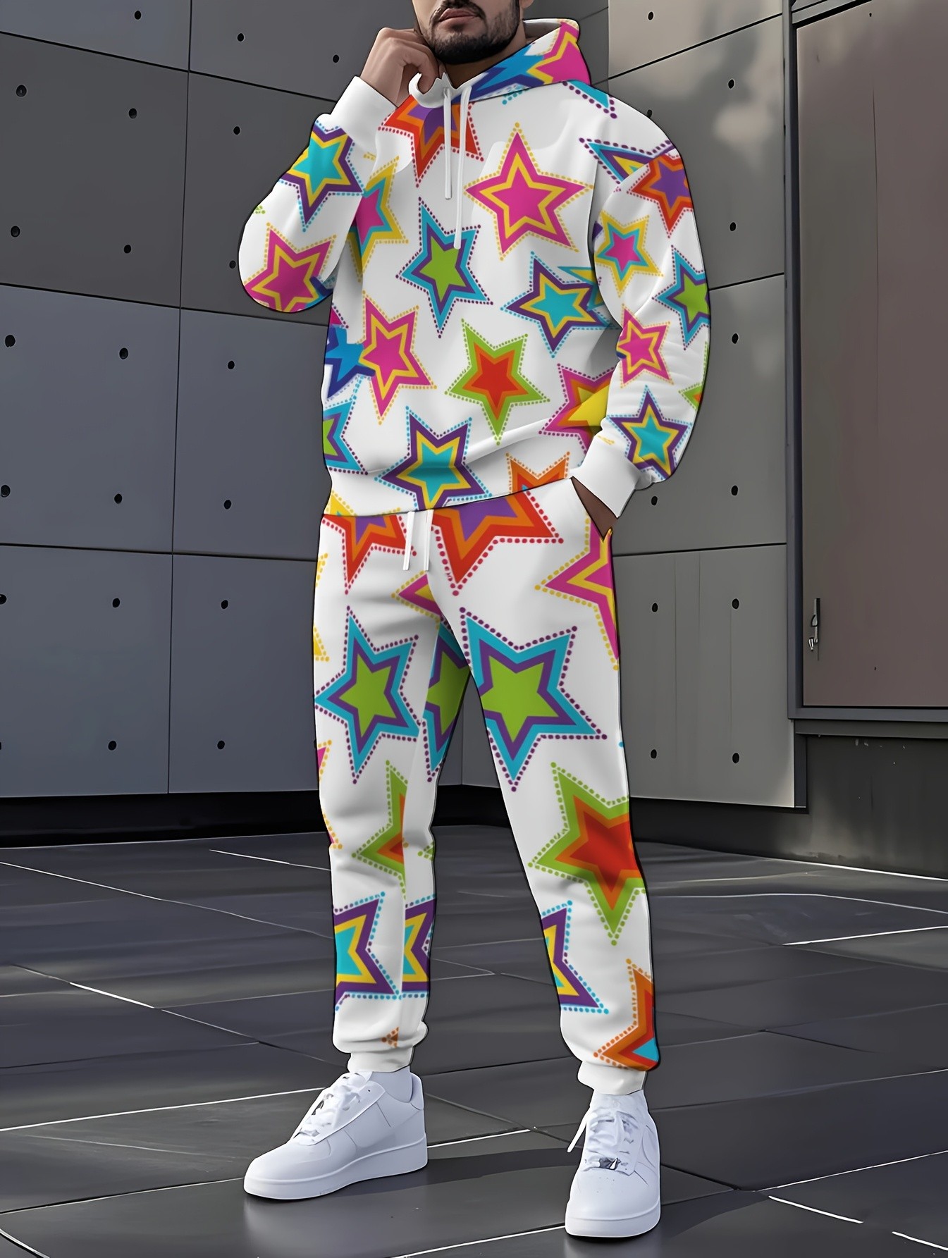 Men'S Fashion And Style - 2026年秋冬新作 ストリートカジュアル シンプルファッション 快適な3Dスターパターンプリント メンズフード付きスウェットセット