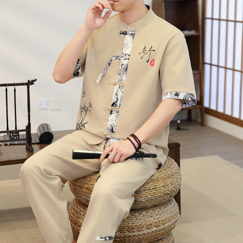 Men'S Fashion Trousers - 2026年春 メンズカジュアルセット 中華風シャツ+パンツ 夏 100%コットン スポーツウェア