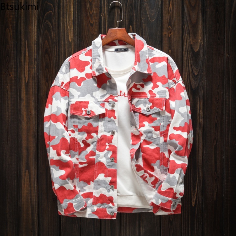 Mens Fashion Denim Jacket - 春秋のメンズファッションデニムジャケットヴィンテージストリートルーズカジュアルラペルボタン迷彩プリントポケットジーンズコート男性