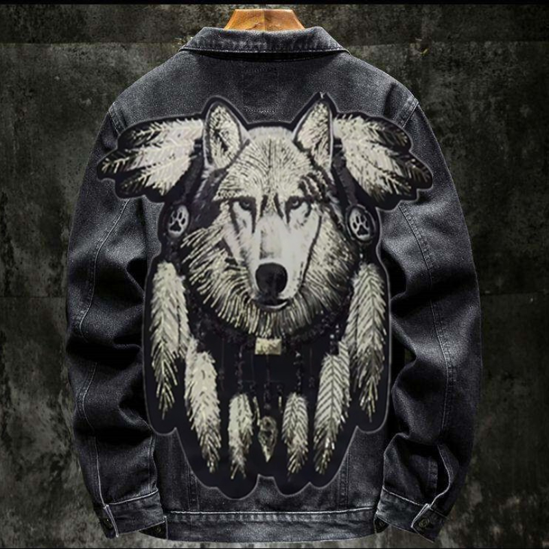Mens Fashion Denim Jacket - アメリカンヴィンテージ ヘビーウルフ刺繍パッチジージャン メンズ ヒップホップ パンク リベットデニムジャケット