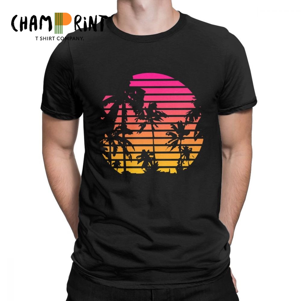 Men'S Fashion From The 80S - サンセットパームツリーヴィンテージTシャツ80年代合成波服蒸気波Tシャツ男性用Tシャツ日本の色ストリートウェア