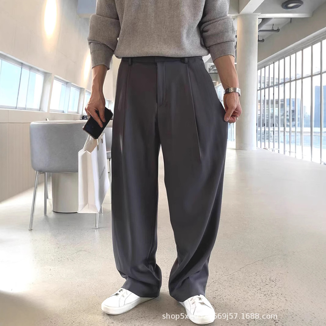 Mens Fashion Dark Grey Pants - フレンチスタイルのファッションメンズブラックダークグレーカジュアルルーズストレートプリーツスーツパンツ男性ノンアイロンシンプルデイリーパンツ服
