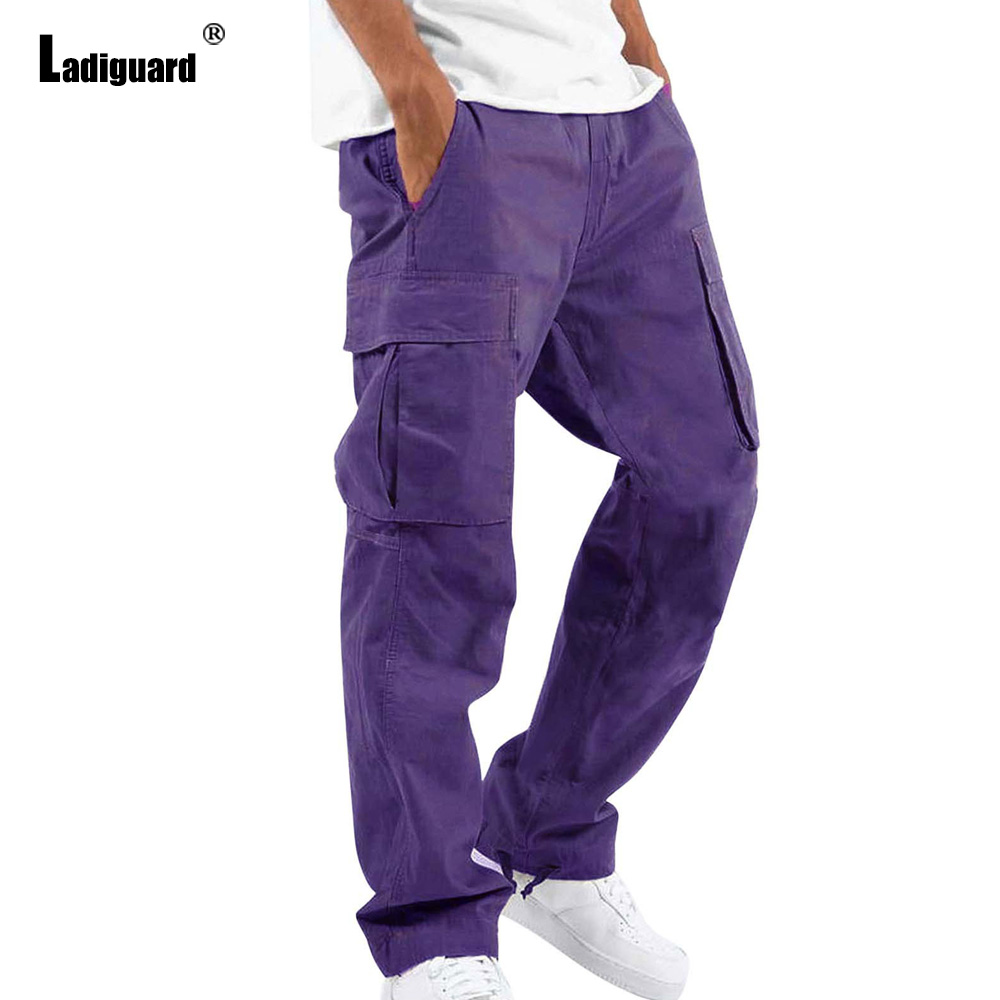 Men'S Fashion Trousers - プラスサイズ 5xl メンズマルチポケットズボン 2023 春の新作ファッションカーゴパンツソリッドパープルカーキ屋外カジュアルスウェットパンツオム