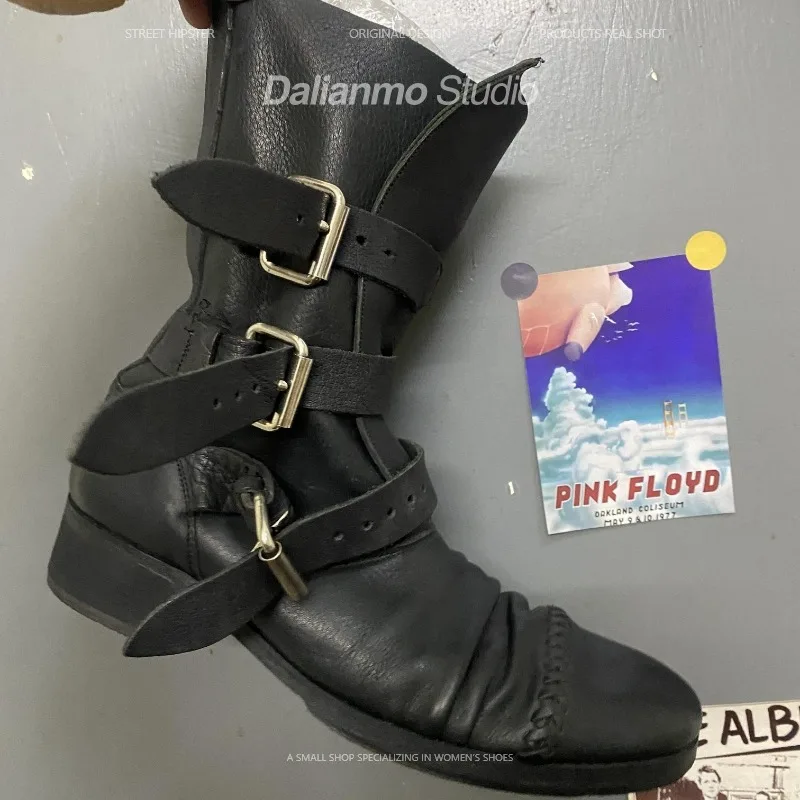 ファッションメンズ本革バイクブーツバックルストラップミッドカ - Men Fashion Vintage のレビューと価格