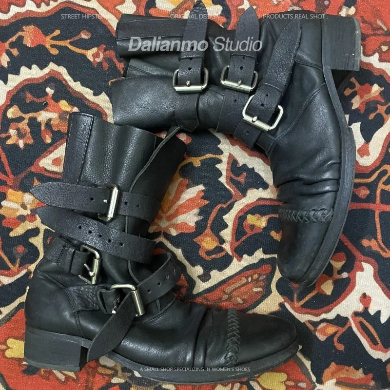 ファッションメンズ本革バイクブーツバックルストラップミッドカ - Men Fashion Vintage のレビューと価格