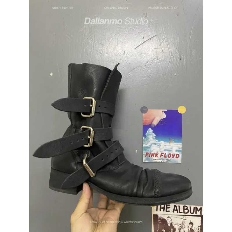 ファッションメンズ本革バイクブーツバックルストラップミッドカ - Men Fashion Vintage のレビューと価格