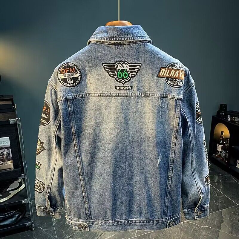 男性ハイストリート刺繍パッチデニムジャケット特大春秋カジュア - Mens Fashion Denim Jacket のレビューと価格