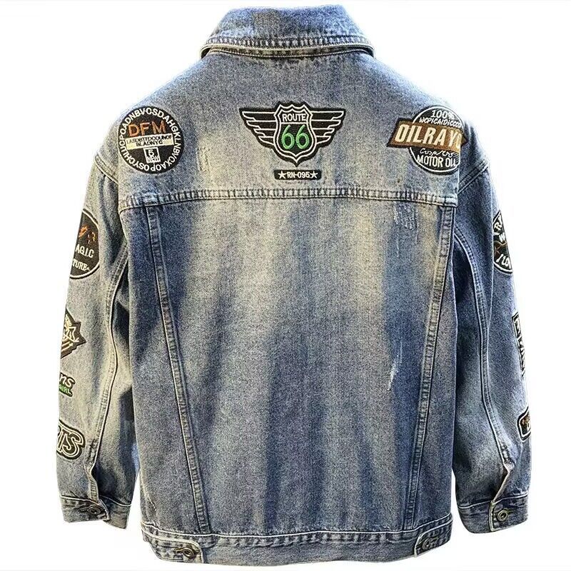 男性ハイストリート刺繍パッチデニムジャケット特大春秋カジュア - Mens Fashion Denim Jacket のレビューと価格