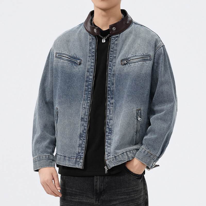スタンドレザーカラーデニムジャケット男性ファッションヴィンテ - Mens Fashion Denim Jacket のレビューと価格