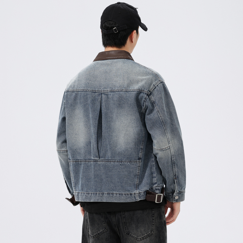 スタンドレザーカラーデニムジャケット男性ファッションヴィンテ - Mens Fashion Denim Jacket のレビューと価格