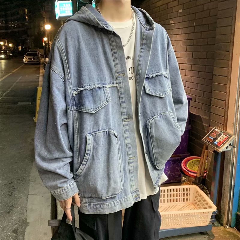 男性固体服春秋の新韓国ファッション多用途大ポケットフード付き - Mens Fashion Denim Jacket のレビューと価格