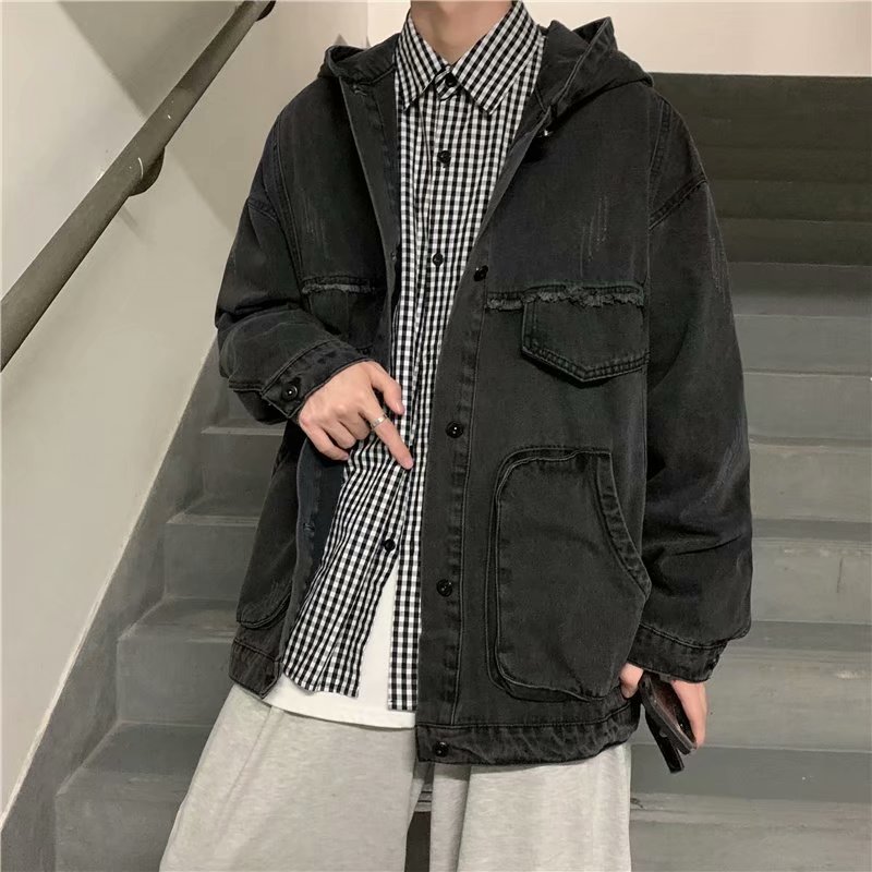 男性固体服春秋の新韓国ファッション多用途大ポケットフード付き - Mens Fashion Denim Jacket のレビューと価格