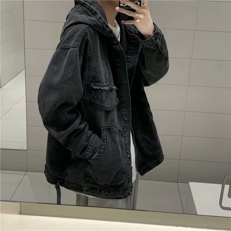男性固体服春秋の新韓国ファッション多用途大ポケットフード付き - Mens Fashion Denim Jacket のレビューと価格