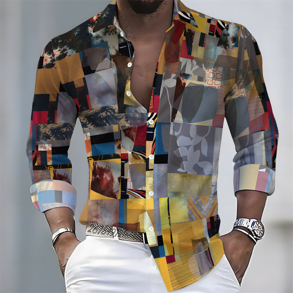 メンズライトラグジュアリースタイルカラーブロックプリント長袖 - Men'S Fashion Designer のレビューと価格