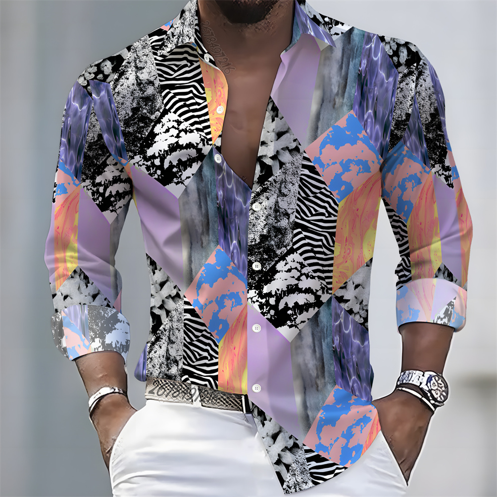 メンズライトラグジュアリースタイルカラーブロックプリント長袖 - Men'S Fashion Designer のレビューと価格